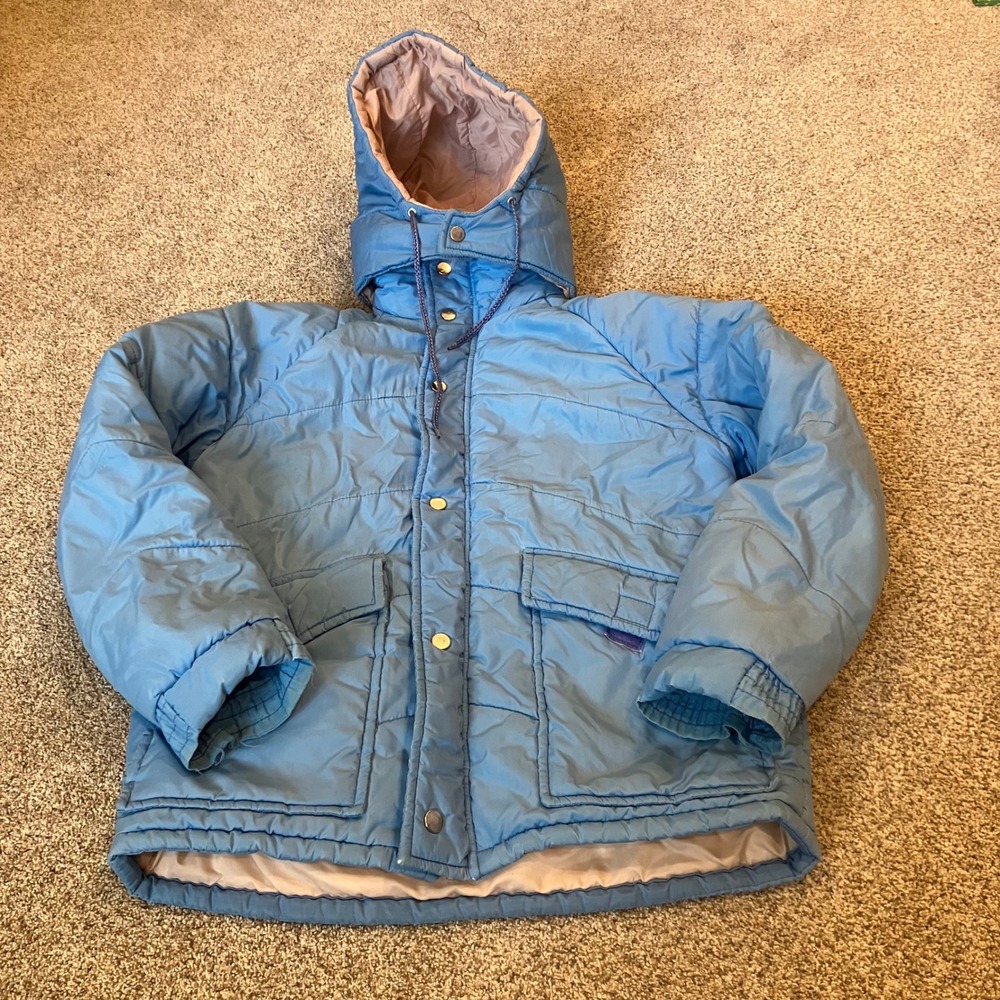 Vintage Custom Outerwear Kids Puffer Jacket Blue Quilted Hood Parka Size 8 Flaws